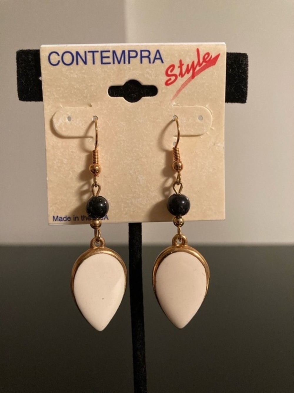 White Teardrop Dangle Earrings with Gold Accents